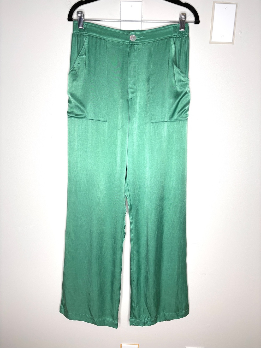 R.G. Kane Pants In Emerald Green High Rise Relaxed Wide Leg Satin Size M